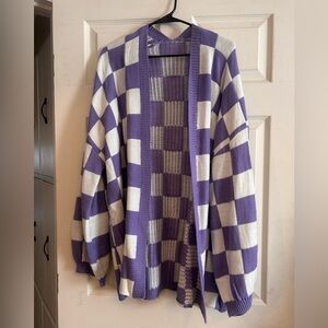 Purple and White Oversized Checkered Women's Cardigan
